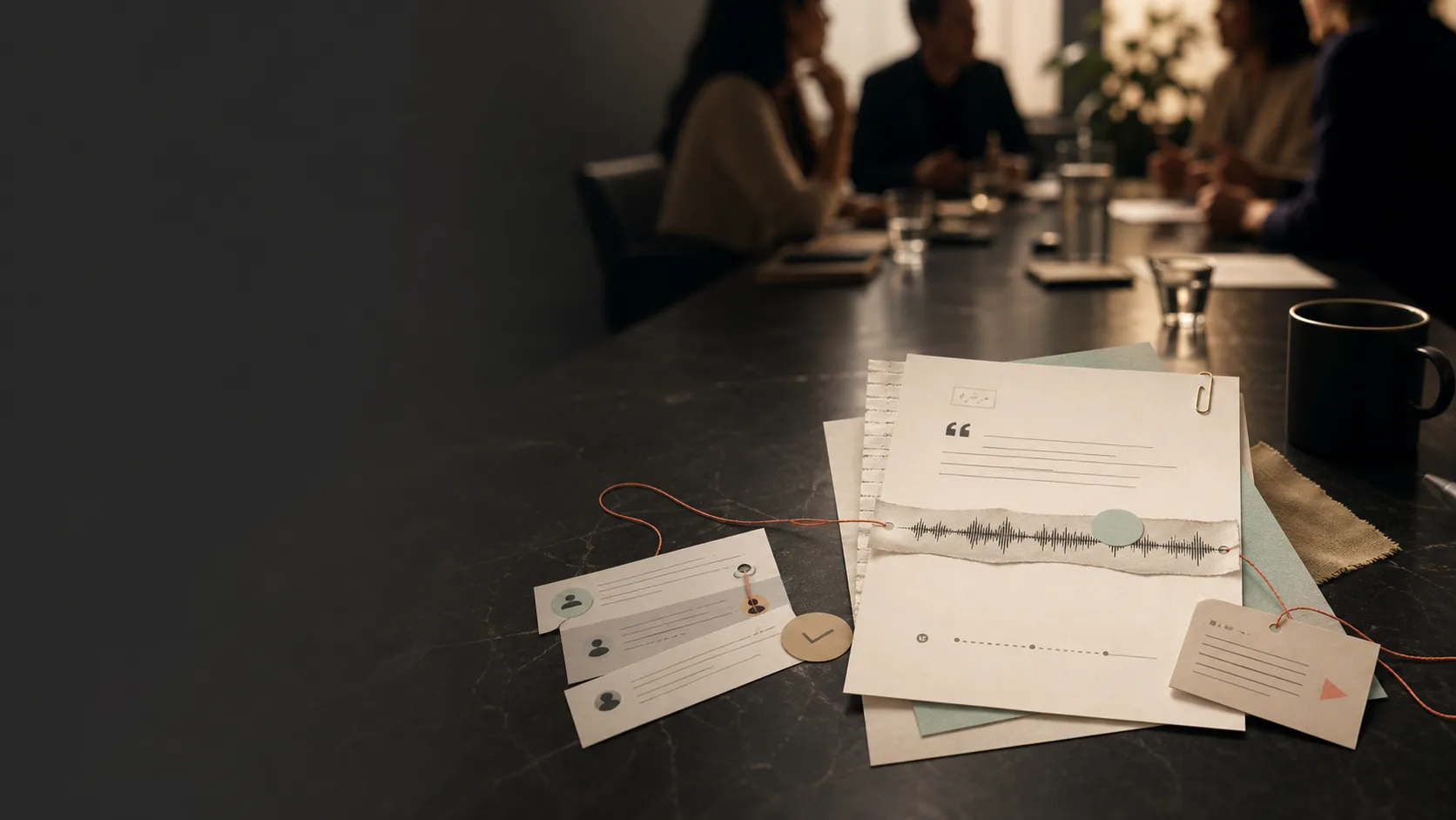 Source notes, speaker cards, and a meeting waveform preserved beside the people who created them