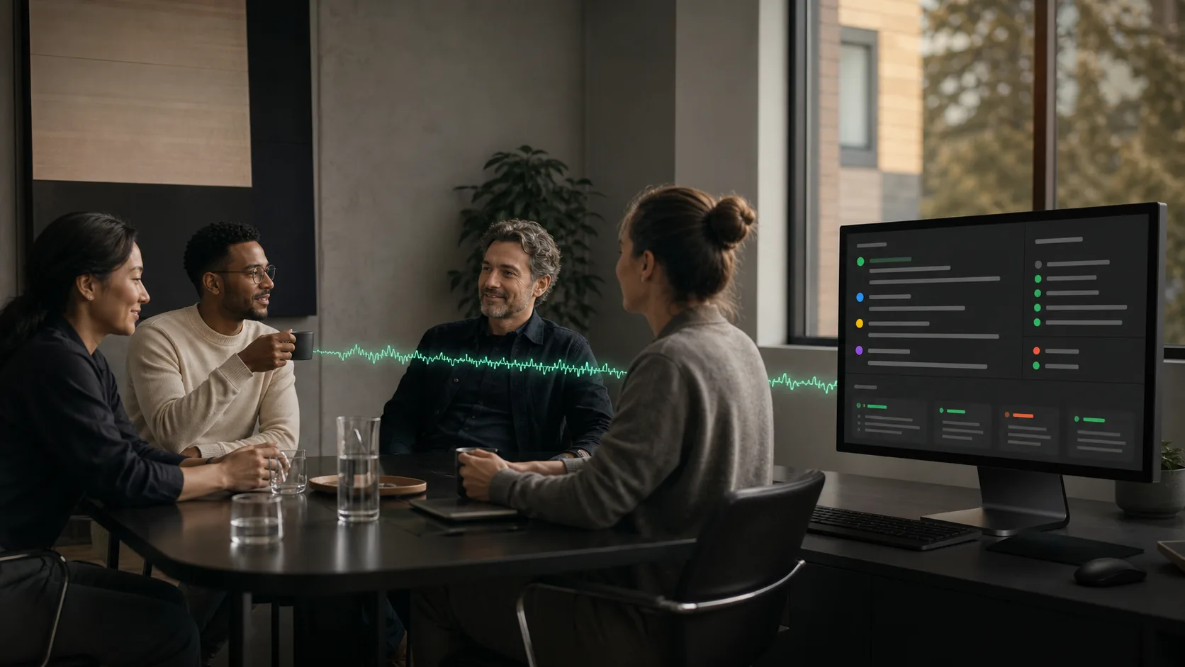 Four colleagues talking around a meeting table while Hush keeps a local record on the nearby Mac