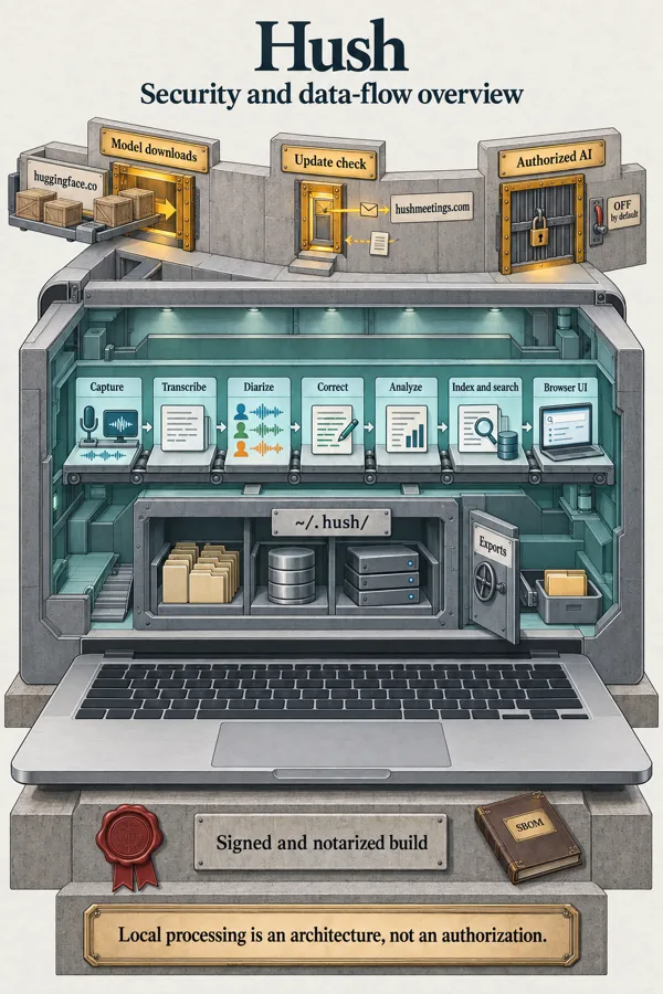 Illustration of a Mac drawn as a sealed vault: the six-station pipeline and the storage vault inside, three labeled openings in the outer wall for model downloads, the update check, and a locked Authorized AI gate, on a foundation labeled signed and notarized build.